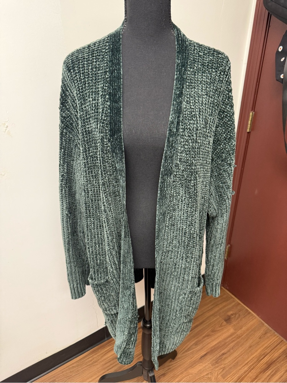 Cozy Open-Front Chenille Cardigan Sweater - Forest Green Plus Size 2X